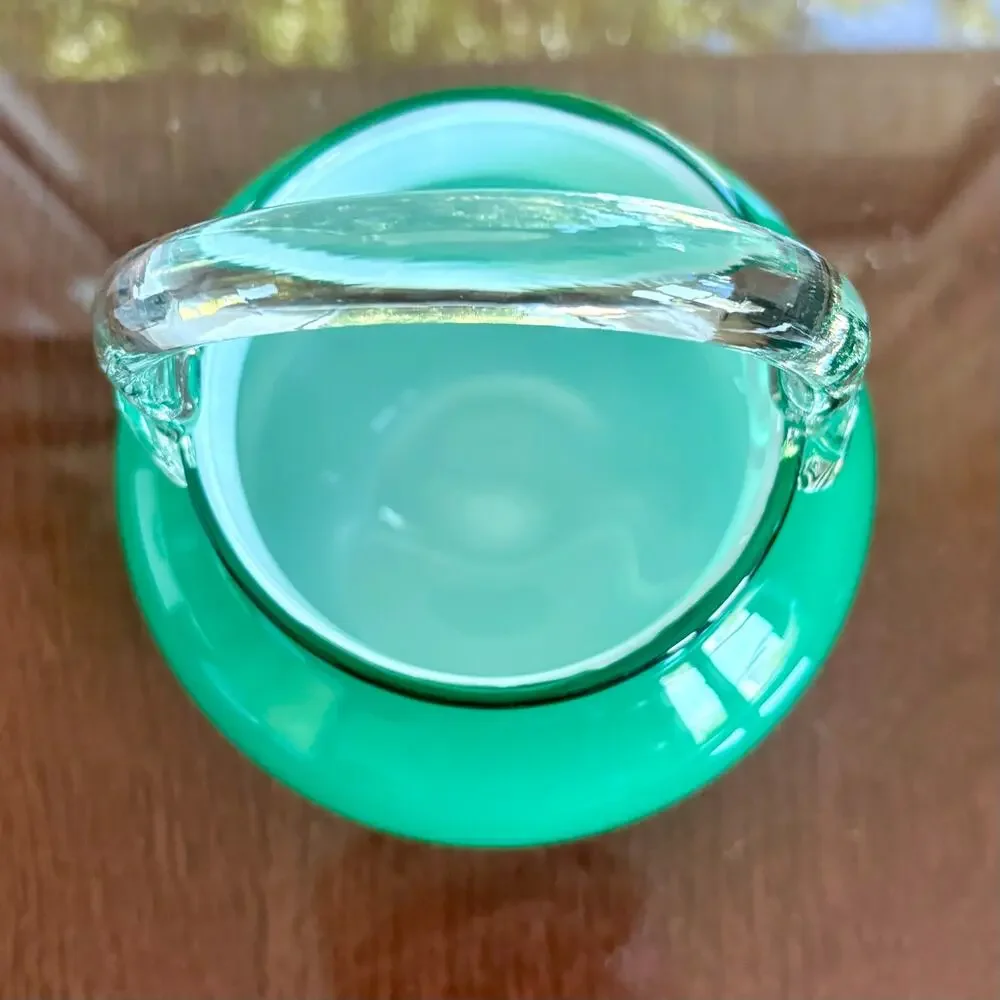 Vintage Polish Green Cased Glass Basket White Interior 7 Inch Vase
